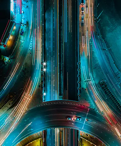 Overhead view of a complex highway interchange